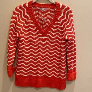GAP Chevron Pointelle V Neck Wool Blend Orange White Stripe Knit Sweater SMALL